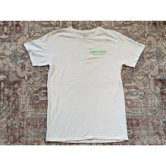 Planet Pizza Virginia Beach Aliens Small White Green Graphic TShirt Front Back - Picture 2 of 6